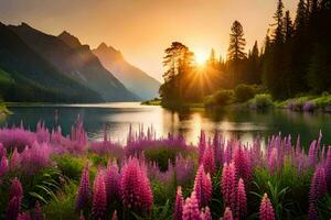 the sun rises over a lake and purple flowers. AI-Generated photo