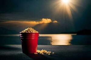 a bucket of popcorn on a table with the sun shining. AI-Generated photo