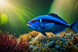 a blue fish swimming in the ocean with coral. AI-Generated photo