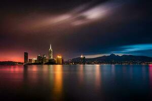 el ciudad horizonte a noche con un largo exposición. generado por ai foto