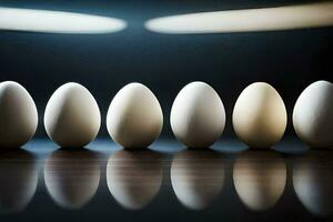 cinco huevos son forrado arriba en un fila. generado por ai foto