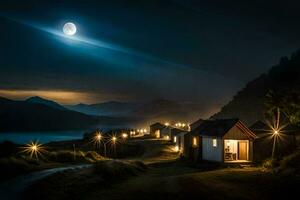 a moonlit night scene with a small house and a mountain in the background. AI-Generated photo