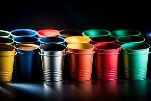 a row of colorful plastic cups on a black background. AI-Generated photo