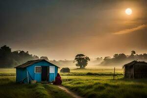 a blue hut in the middle of a field with a sun rising behind it. AI-Generated photo