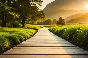 a wooden path leads to a grassy field at sunset. AI-Generated photo