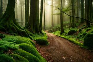 a dirt road in a forest with mossy trees. AI-Generated photo