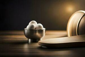 eggs in a bowl on a wooden table. AI-Generated photo