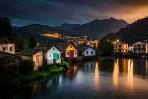 photo wallpaper the sky, mountains, water, houses, the village, the lake, the village. AI-Generated