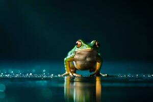 a frog sitting on the water surface with a dark background. AI-Generated photo