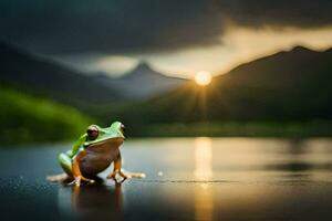 a frog sitting on the edge of a lake at sunset. AI-Generated photo