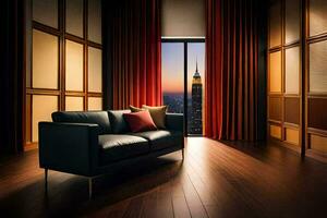 a room with a couch and a view of the city. AI-Generated photo
