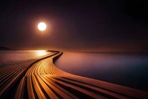 a long wooden pier with a full moon in the sky. AI-Generated photo