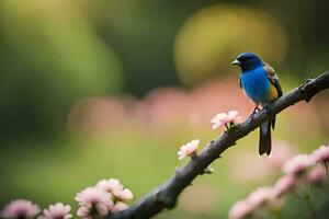 a blue bird sits on a branch with pink flowers. AI-Generated photo