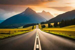 a road leading to a mountain range with a sunset. AI-Generated photo