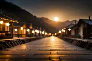 a long walkway with lights on the end. AI-Generated photo