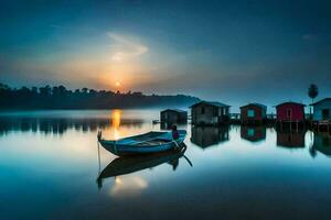 a boat sits on the water at sunrise. AI-Generated photo