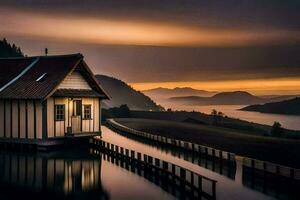 a small house sits on the edge of a lake at sunset. AI-Generated photo