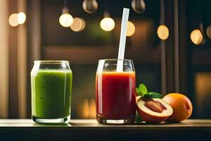 two glasses of juice with fruits and vegetables. AI-Generated photo