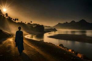 un mujer caminando a lo largo el la carretera a amanecer. generado por ai foto