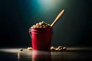 a bucket full of peanuts and a wooden spoon. AI-Generated photo