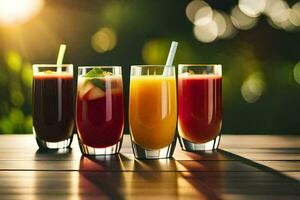 four glasses of juice on a table. AI-Generated photo
