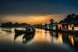 a boat is docked at the end of a river. AI-Generated photo