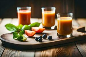 three glasses of juice on a wooden tray. AI-Generated photo