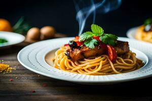 chicken with noodles and vegetables on a plate. AI-Generated photo