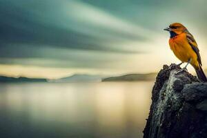 a yellow bird sitting on a log by the water. AI-Generated photo