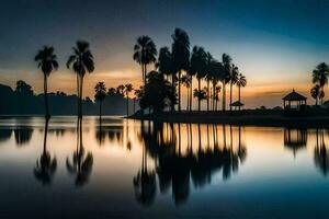 palm trees are reflected in the water at sunset. AI-Generated photo