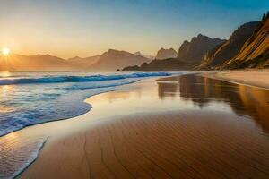 the sun rises over the ocean and mountains in the background. AI-Generated photo