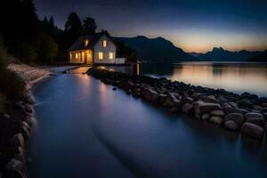 a house sits on the shore of a lake at night. AI-Generated photo