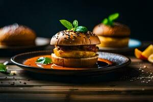 a plate with a burger on it. AI-Generated photo