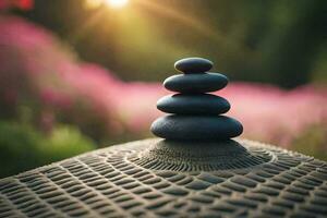 zen stones stacked on top of each other in a garden. AI-Generated photo