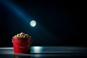 a red bucket filled with peanuts on a dark floor. AI-Generated photo