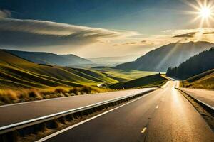 the sun shines over a road in the mountains. AI-Generated photo