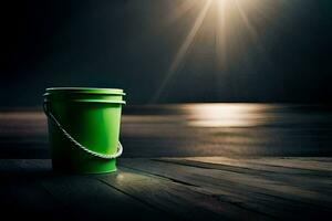 a green bucket sitting on a wooden floor with the sun shining in the background. AI-Generated photo