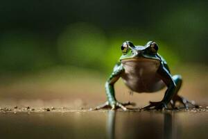 a frog is standing on the ground with its eyes closed. AI-Generated photo