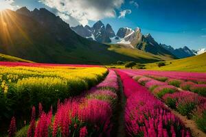 a field of flowers with mountains in the background. AI-Generated photo