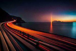 a long exposure photo of a road with cars driving on it. AI-Generated