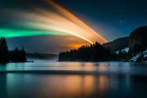 the aurora bore lights up the sky over a lake. AI-Generated photo