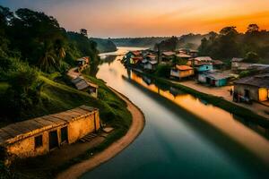 el río es el alma de el aldea. generado por ai foto