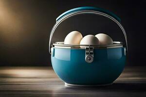 eggs in a blue bucket. AI-Generated photo