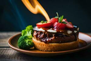 a hamburger with strawberries and chocolate sauce on top. AI-Generated photo