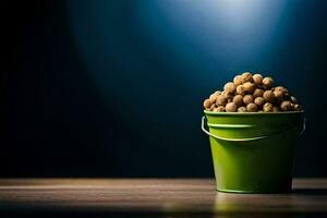 a bucket filled with beans on a table. AI-Generated photo