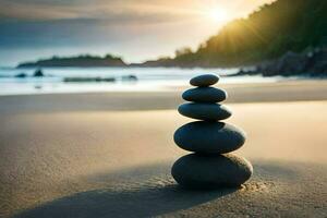 a stack of rocks on the beach at sunset. AI-Generated photo
