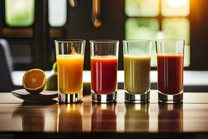 five glasses of juice on a table. AI-Generated photo