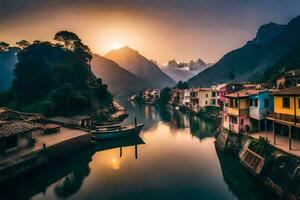 a river in the mountains with houses and boats. AI-Generated photo