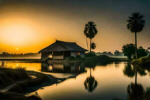 a hut sits on the edge of a lake at sunset. AI-Generated photo