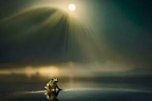 a frog sitting on the water in front of a bright light. AI-Generated photo